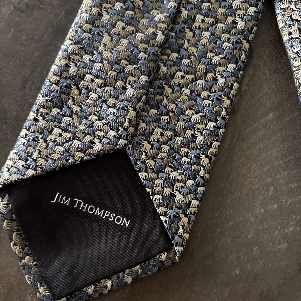 Jim Thompson NWT Men's Elephant Print 100% Silk Tie Gray Blue Woven NEW Classic